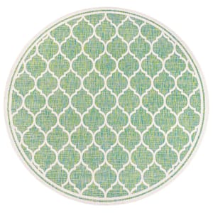Trebol Moroccan Trellis Textured Weave Cream/Green 5 ft. Round Indoor/Outdoor Area Rug
