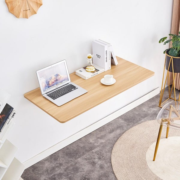 45 in. W x 22 in. D Natural Wood Folding Decorative Wall Shelf, Wall Mounted Drop-Leaf Table Floating Folding Desk