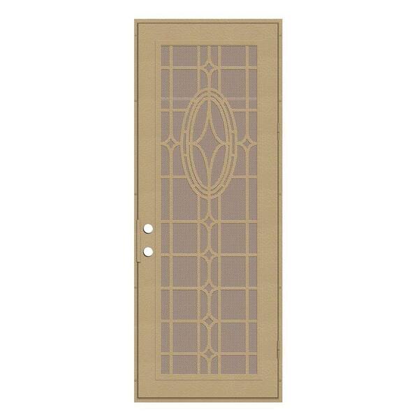 Unique Home Designs 36 in. x 96 in. Modern Cross Desert Sand Right-Hand Recessed Mount Security Door with Desert Sand Perforated Screen