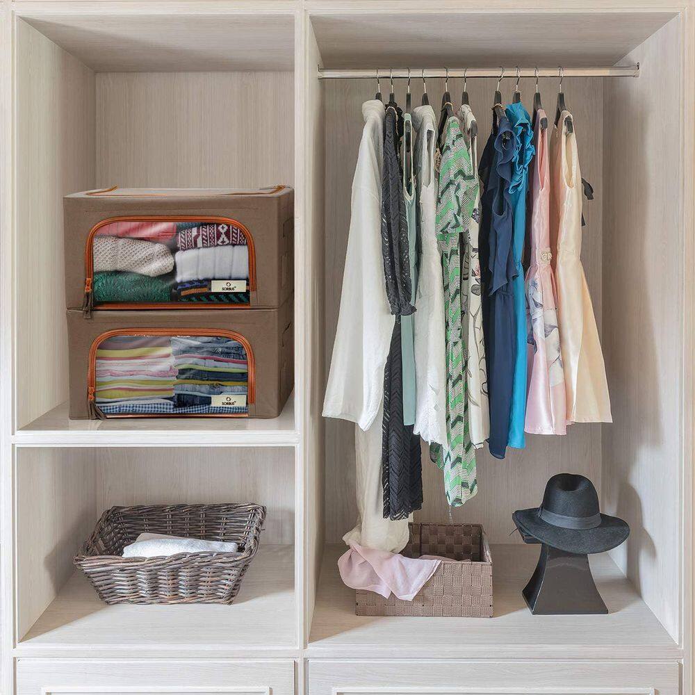 Storage Bins, Organizers with Metal Frame, Handles, and Window, Brown 15.75 in. x 8 in. Fabric Decorative Box Set of 2