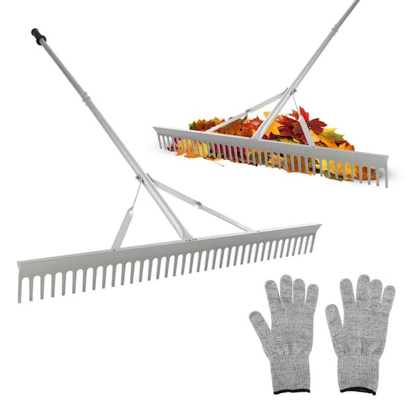 68 in. Aluminum Handle Landscape Rake and Lawn Gloves