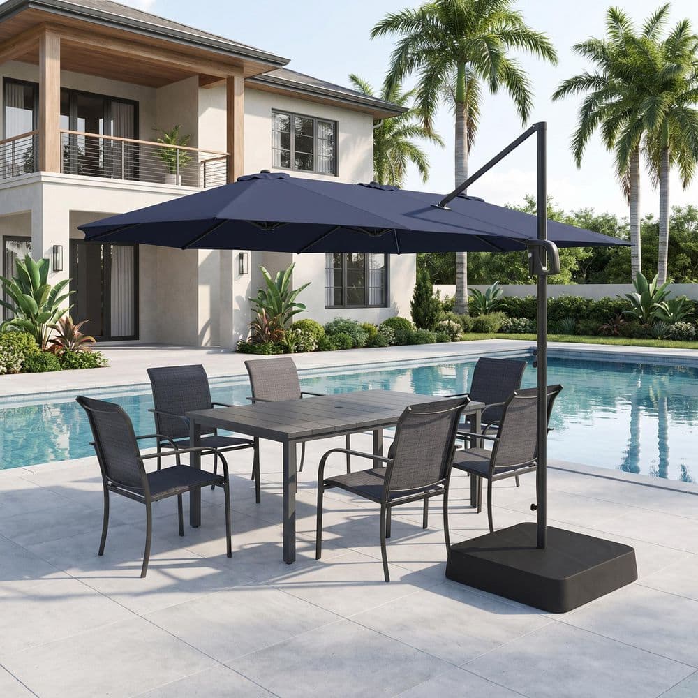8-Piece Metal Outdoor Dining Set with 63'' Gray Rectangle Table, 6 Black Stackable Textilene Chairs and Blue Umbrella price history on PriceWatchPro