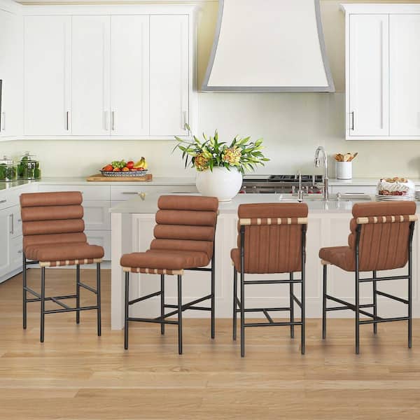 OrangeOne 26 in. Brown Faux Leather Upholstered Counter Height Bar Stool Metal Legs Counter Stools w/ Wave Back & Cushion Set of 4
