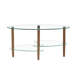 Transparent Oval Glass 3-Layer Coffee Table Oak Wood Leg Tea Table