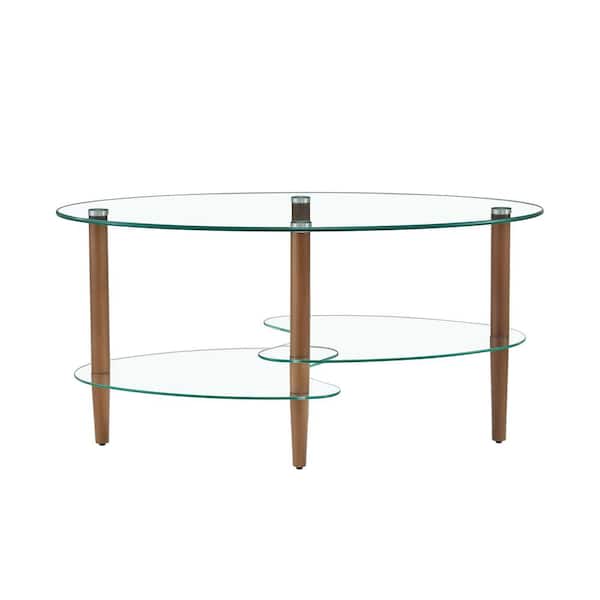 Sudzendf Transparent Oval Glass 3-Layer Coffee Table Oak Wood Leg Tea Table