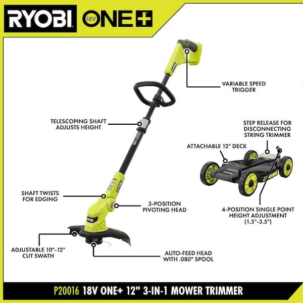 RYOBI ONE+ 18V 12 in. Cordless Battery 3-in-1 Mower, String