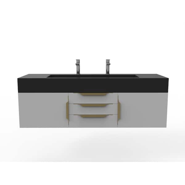 castellousa Nile 60 in. W x 19 in. D x 20 in. H Bath Vanity in Matte Gray with Gold Trim and Black Solid Surface Top