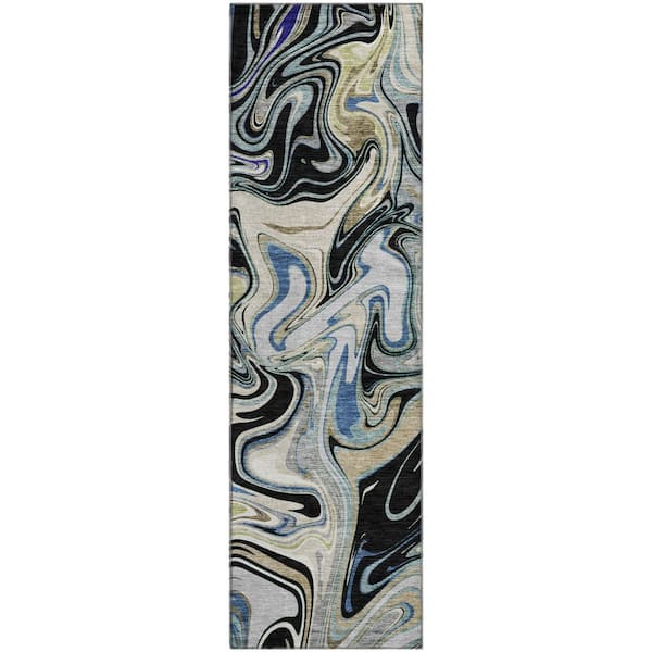 Mayfield Premium Machine Washable Abstract AMF2395 Black 2 ft. x 7 ft. Runner Rug
