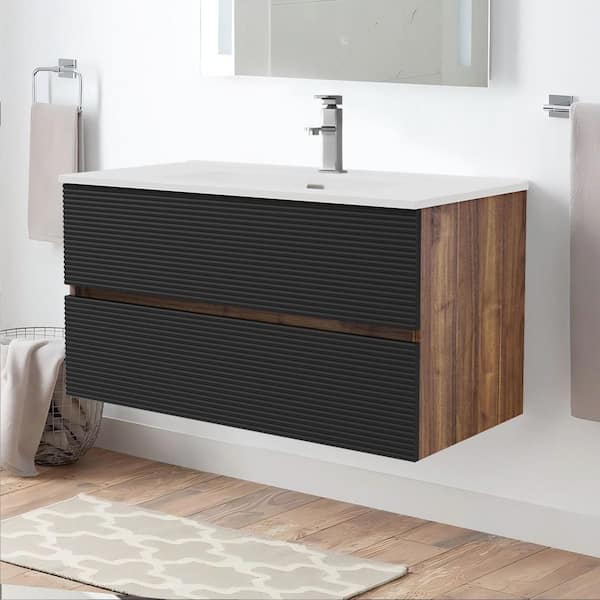 Paterno 35.54 in. W x 17.93 in. D x 18.79 in. H Single Sink Floating Walnut Bath Vanity with White Ceramic Vanity Top
