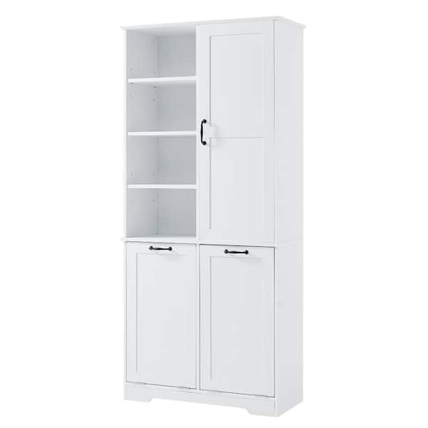 31 in. W x 14 in. D x 68 in. H Ready to Assemble MDF Floor Bath Cabinet in White with Door Shelves and Laundry Hamper