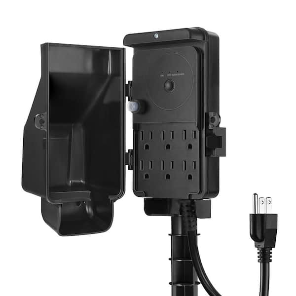 DEWENWILS Outdoor Dusk to Dawn Power Strip Stake Timer with 6 ft. Extension Cord, 6 Outlets for Garden Lights