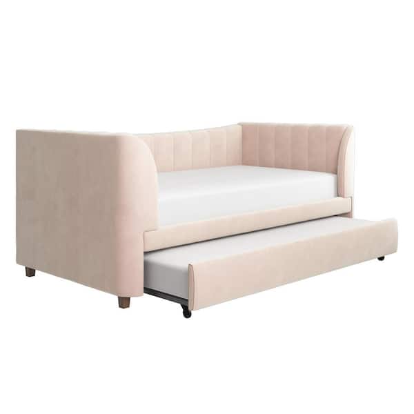 Little Seeds Valentina Pink Velvet Upholstered Twin Size Daybed with Trundle