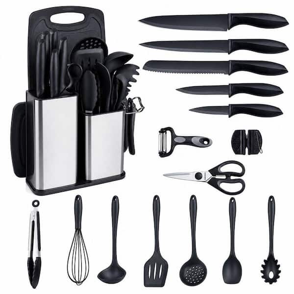 18-in-1 High Carbon Steel Kitchen Cooking Utensils Set with 7 Cooking Utensils, 5 Kitchen Utensils, 6 Knife Set, Black