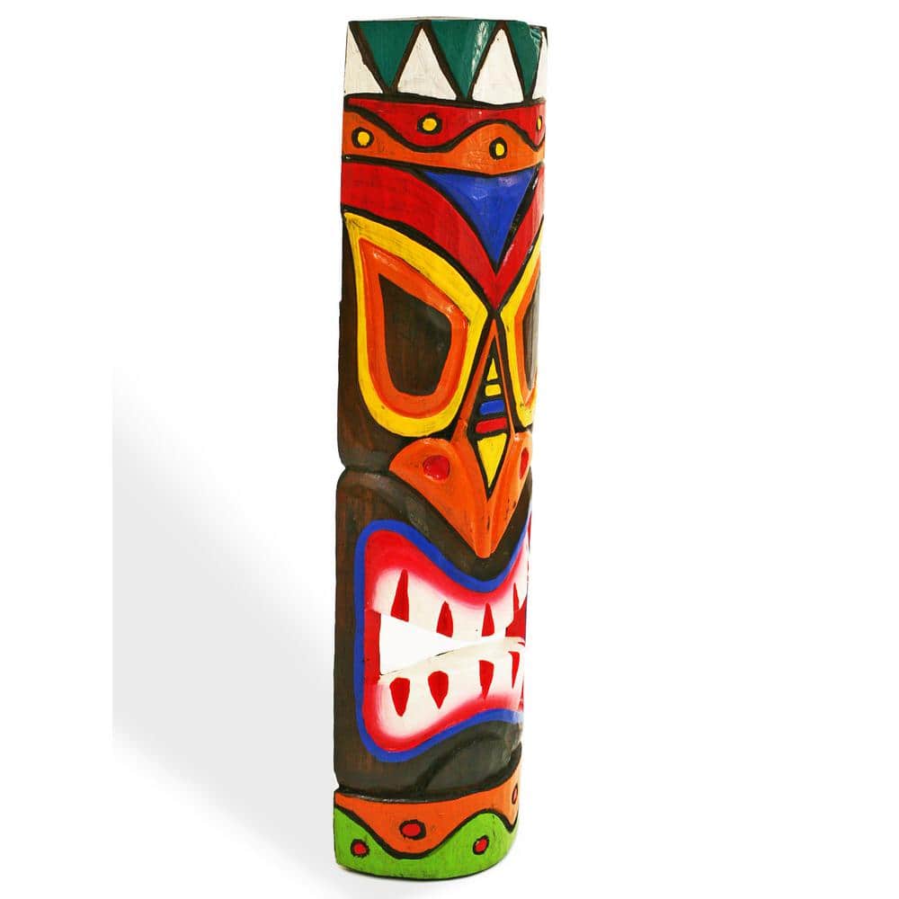 Hand-Carved Colorful Wooden Tiki Mask Statue, 20" Tall