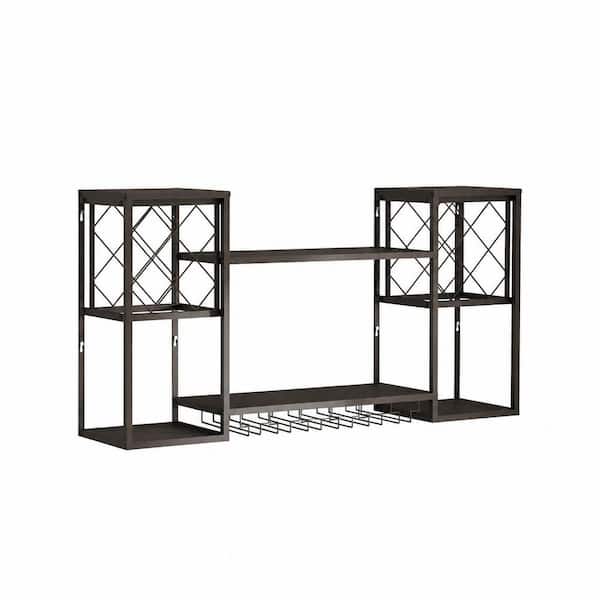 Metal Wall Mounted 2-Tier Wine Rack with Glass Holder, Floating Liquor Shelf for Home Bar and Kitchen, Black