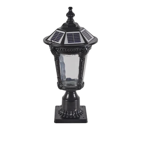 18.5 in. 1-Light Black Outdoor Lantern Wall Sconce Solar Powered LED Post Light with Glass Shade, No Bulbs (1-Pack)