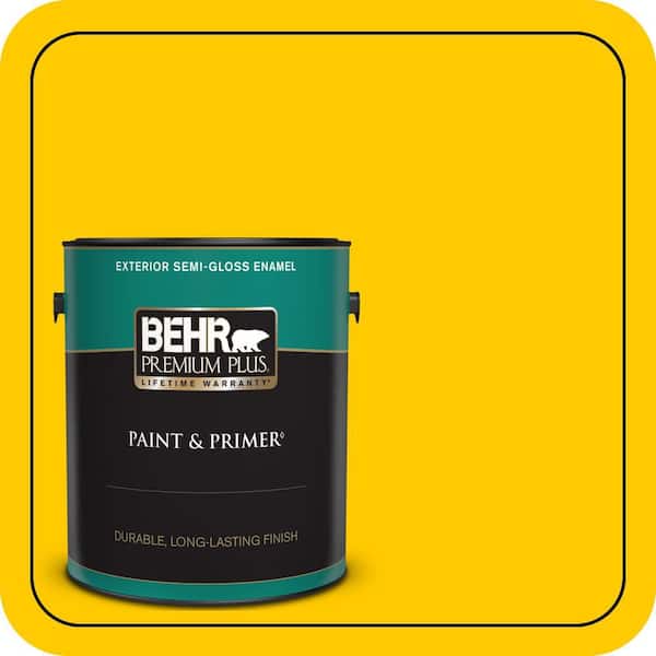 BEHR PREMIUM PLUS 1 gal. #370B-7 Yellow Flash Semi-Gloss Enamel Exterior Paint & Primer