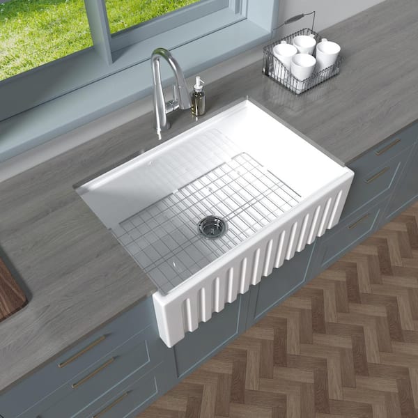 HOMLYLINK Workstation Kitchen Sink 30 in. White Porcelain