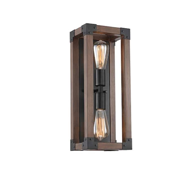 Jojospring Emma 7 in. Wide Pine Wood 2-Light Antique Black Metal Finish Wall Sconce