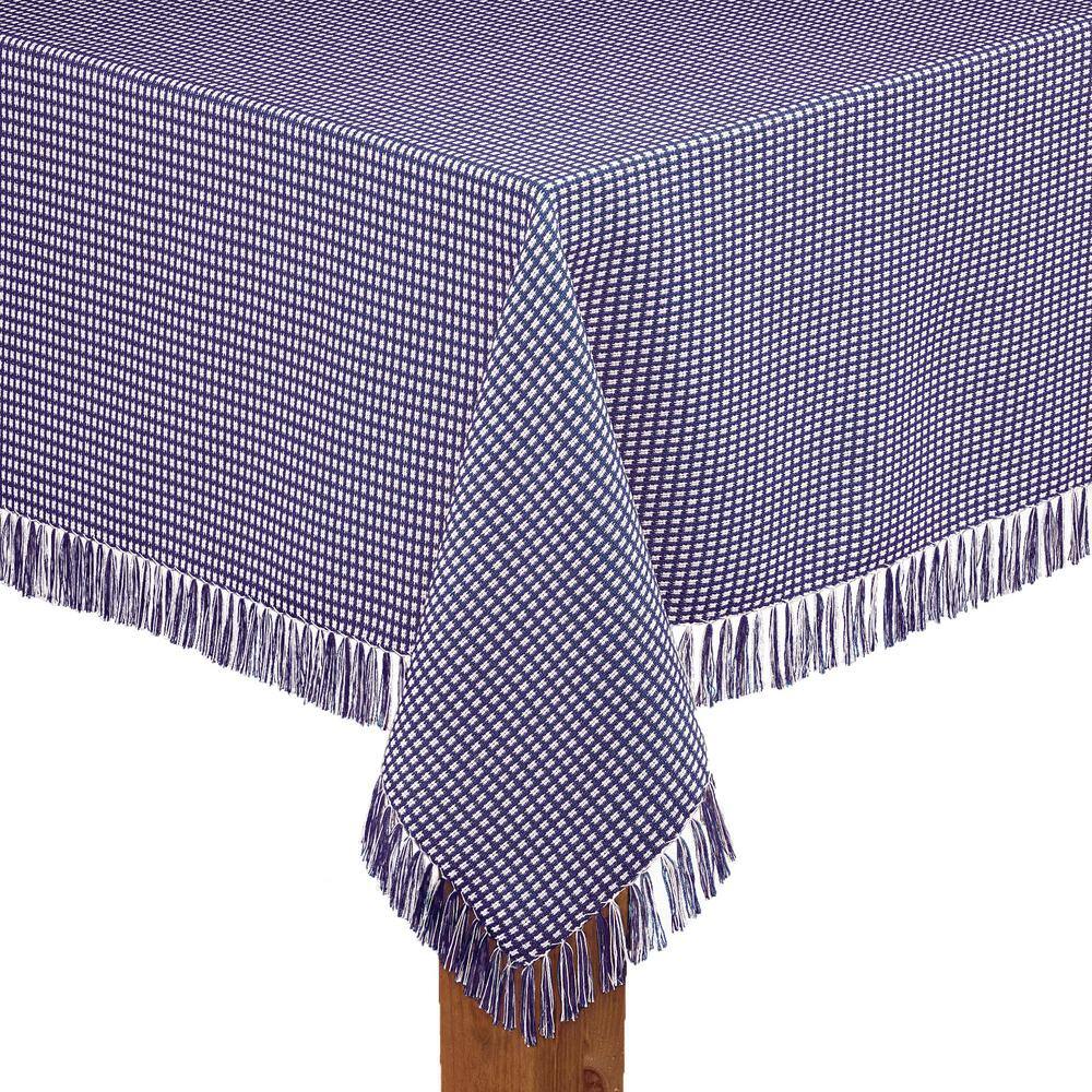 Marine Blue and White Cotton Checkered Fringed Tablecloth 60" x 120"