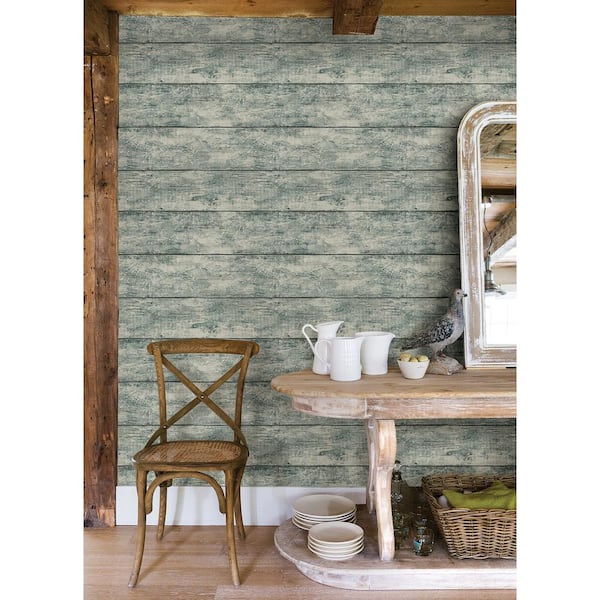 Cabin Teal Paper Pre-Pasted Textured Wood Planks Strippable Wallpaper