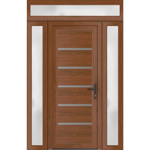 VDOMDOORS 60 in. x 80 in. Left-Hand/Inswing Frosted Glass Walnut Steel Prehung Front Door with Hardware