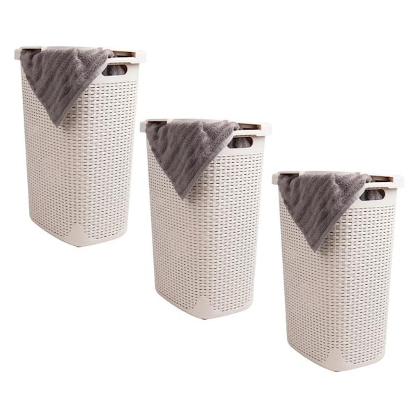 Ivory 24.15 in. H x 13.75 in. W x 17.65 in. L Plastic 60L Modern Rectangle Laundry Room Hamper with Lid (Set of 3)