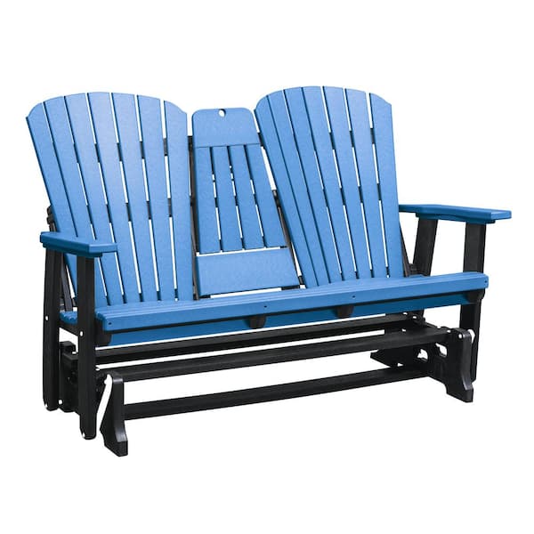 American Furniture Classics Adirondack Series 60 in. 2-Person Black Frame High Density Plastic Outdoor Glider with Blue Seats and Backs