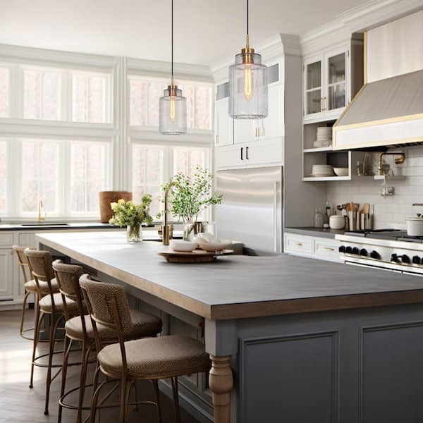 Hogfish Modern 1-light Plating Brass Pendant Light with Cylinder Seeded Glass, Contemporary Kitchen Island Hanging Light