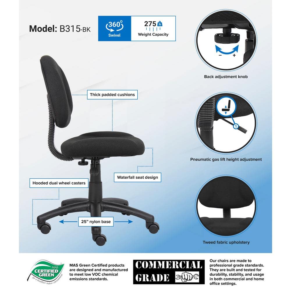 Black Nylon Swivel Armless Task Chair with Adjustable Height