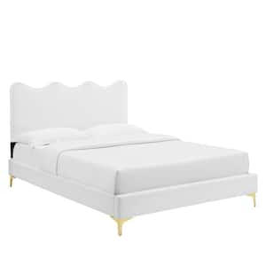 Current Performance Velvet Twin Platform Bed in White with Gold Legs