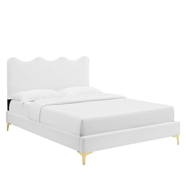 MODWAY Current Performance Velvet Twin Platform Bed in White with Gold Legs