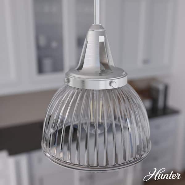 Hunter Cypress Grove 1 Light Brushed Nickel Island Pendent Light with Clear Holophane Glass Shade Dining Room Light