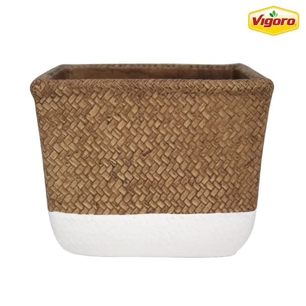 Vigoro 8 in. Bronwyn Small White & Natural Reed Cement Square Planter (8 in. D x 6.2 in. H) with Drainage Hole