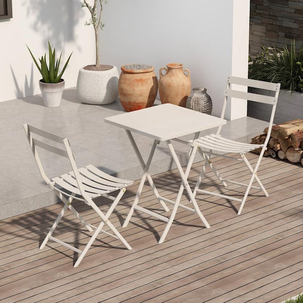 Runesay 3-Piece Metal Outdoor Bistro Set with Foldable Square Table and Chairs, White