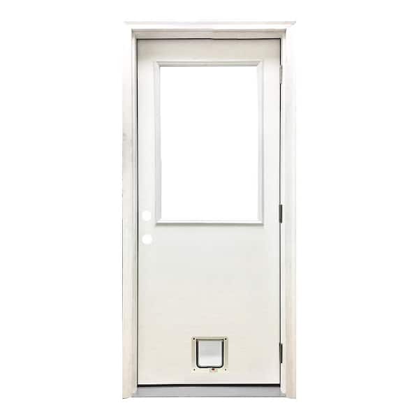 Steves & Sons 30 in. x 80 in. Reliant Series Clear Half Lite LHOS White Primed Fiberglass Prehung Back Door with Small Cat Door