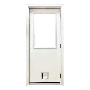 32 in. x 80 in. Reliant Series Clear Half Lite LHOS White Primed Fiberglass Prehung Front Door with Small Cat Door