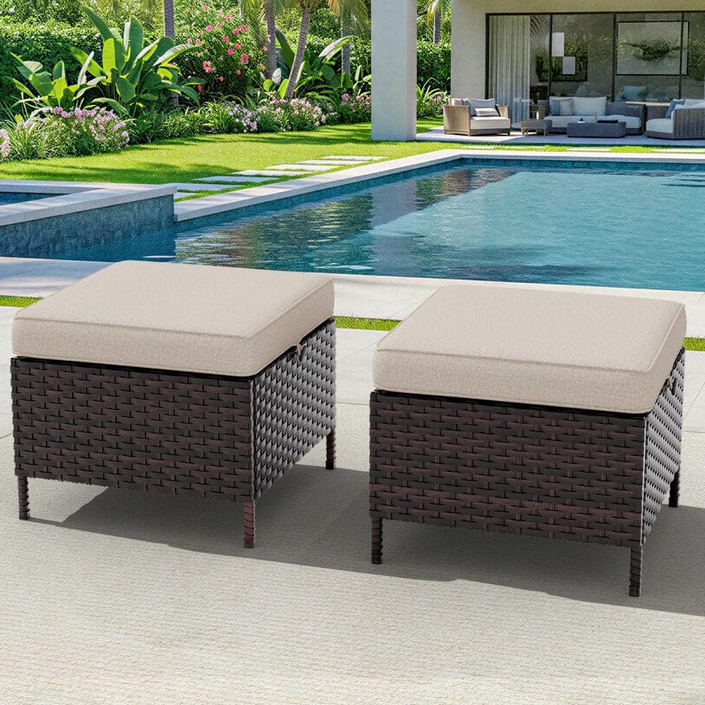 Dark Brown Wicker Outdoor Ottoman Patio Footstool with Beige Cushion (2-Pack)