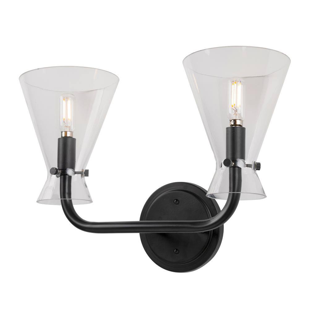 Black Steel 2-Light Bath Vanity with Clear Glass Shades