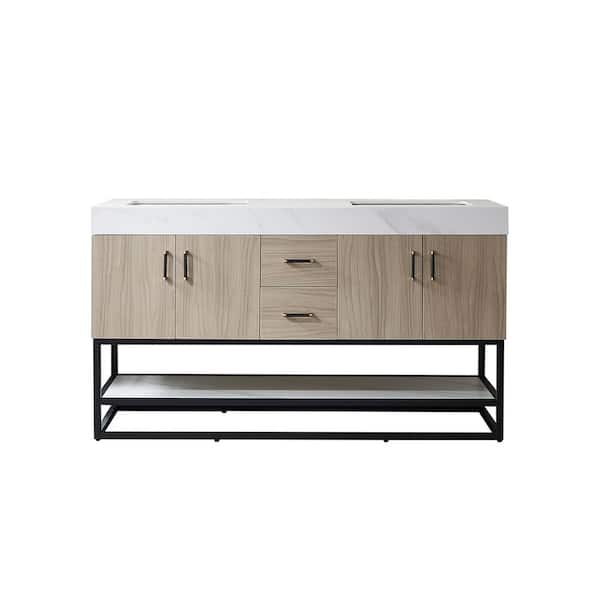 ROSWELL Toledo 60M in. W x 22 in. D x 34 in. H Bath Vanity in Light Walnut with White Composite Stone Top