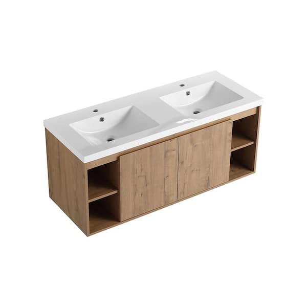 UPIKER Marsyas 48 in. W x 18.3 in. D x 20.5 in. H Double Sink Floating Imitative Oak Bath Vanity with White Resin Top