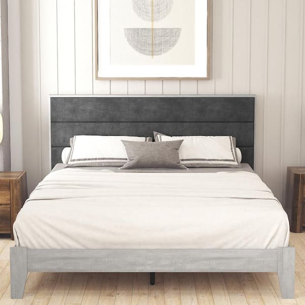 GALANO Hamsper Dusty Gray Oak Upholstered Queen Platform Bed With Headboard
