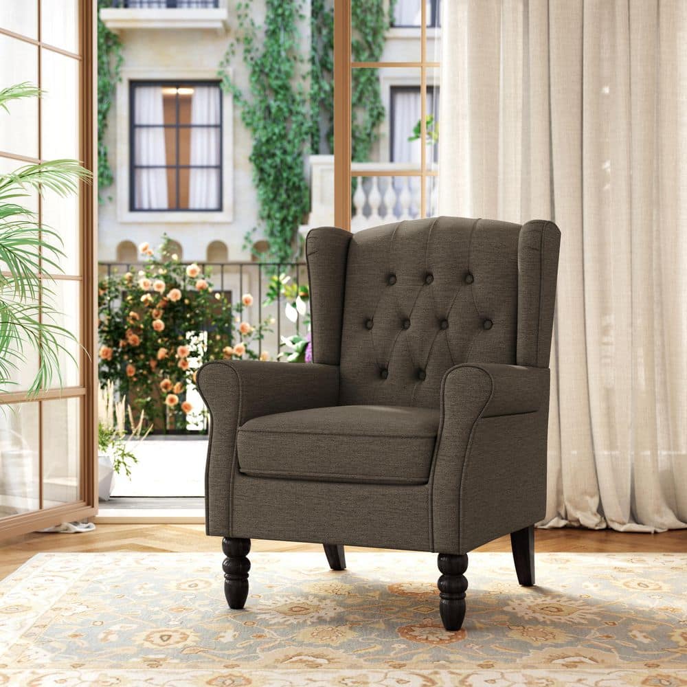 【つばめ】OARKS ARM CHAIR① Uixe Modern Taupe Linen Upholstered Button High Back Accent Arm