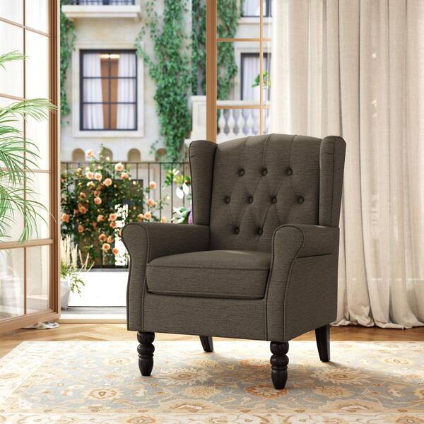 Uixe Modern Taupe Linen Upholstered Button High Back Accent Arm Uixe Modern Taupe Linen Upholstered Button High Back Accent Arm