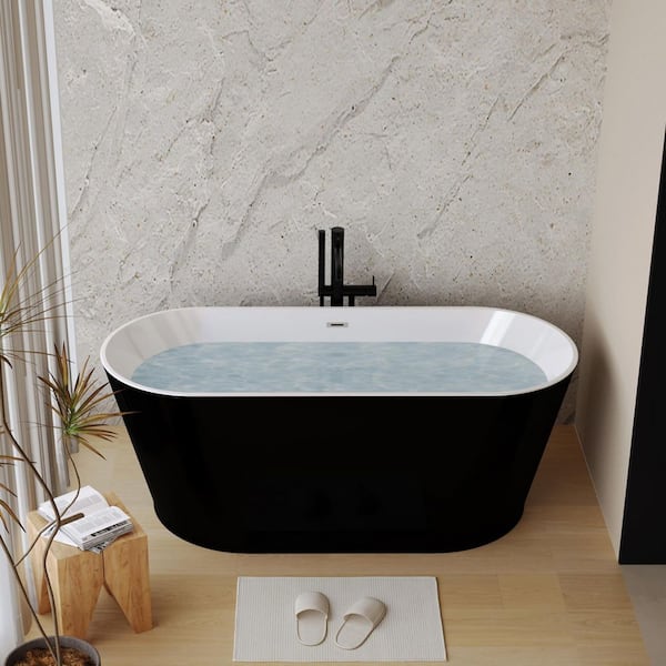 59 in. x 29.5 in. Acrylic Soaking Freestanding Bathtub with Chrome Drain in Glossy Black