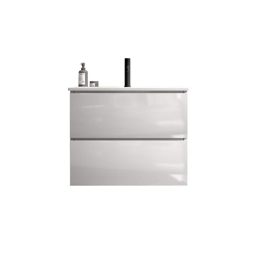 24 in. Wall-Mounted Glossy White Bath Vanity with White Ceramic Top Unassem