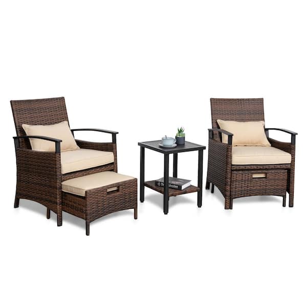 Unbranded Hand-woven Durable Synthetic Resin Rattan Brown 5-piece Wicker Patio Conversation Seating Set with Beige Cushions