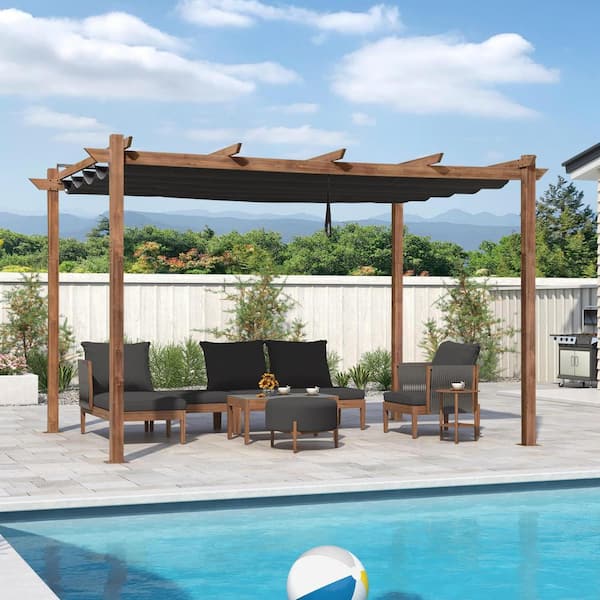 PURPLE LEAF 10 ft. W x 13 ft. D Outdoor Natural Wood Grain Aluminum Pergola with Gray Adjustable Sun Canopy and Protective Roof