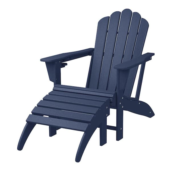 Aderson 2-Piece All Weather Outdoor Patio HDPE Adirondack Chair with Cup Holder and Matching Ottoman in Navy Blue