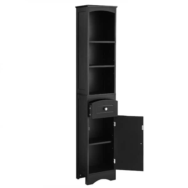 Tenleaf 13 in. W x 9 in. D x 67 in. H Black MDF Freestanding Linen Cabinet with Door and Drawer, Adjustable Shelf